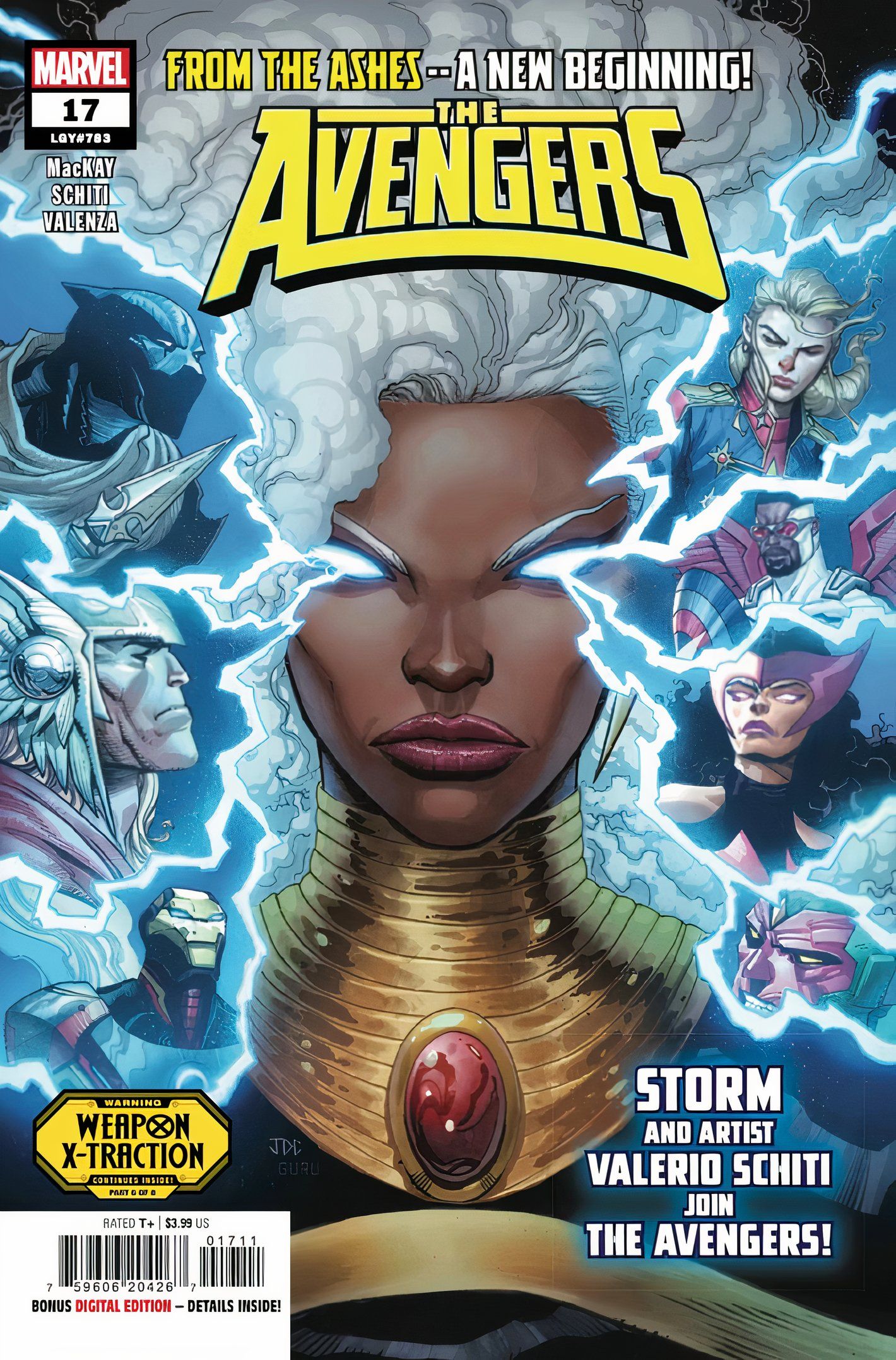Capa da revista Avengers #17, com Tempestade cercada por uma energia elétrica crepitante e seus novos companheiros de equipe.