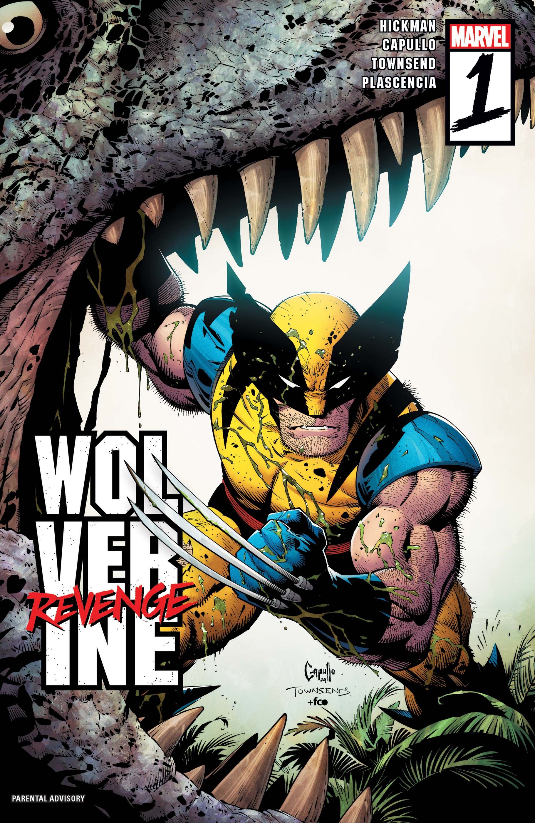 Wolverine Revenge No. 1: Wolverine stands in the mouth of a T-Rex.