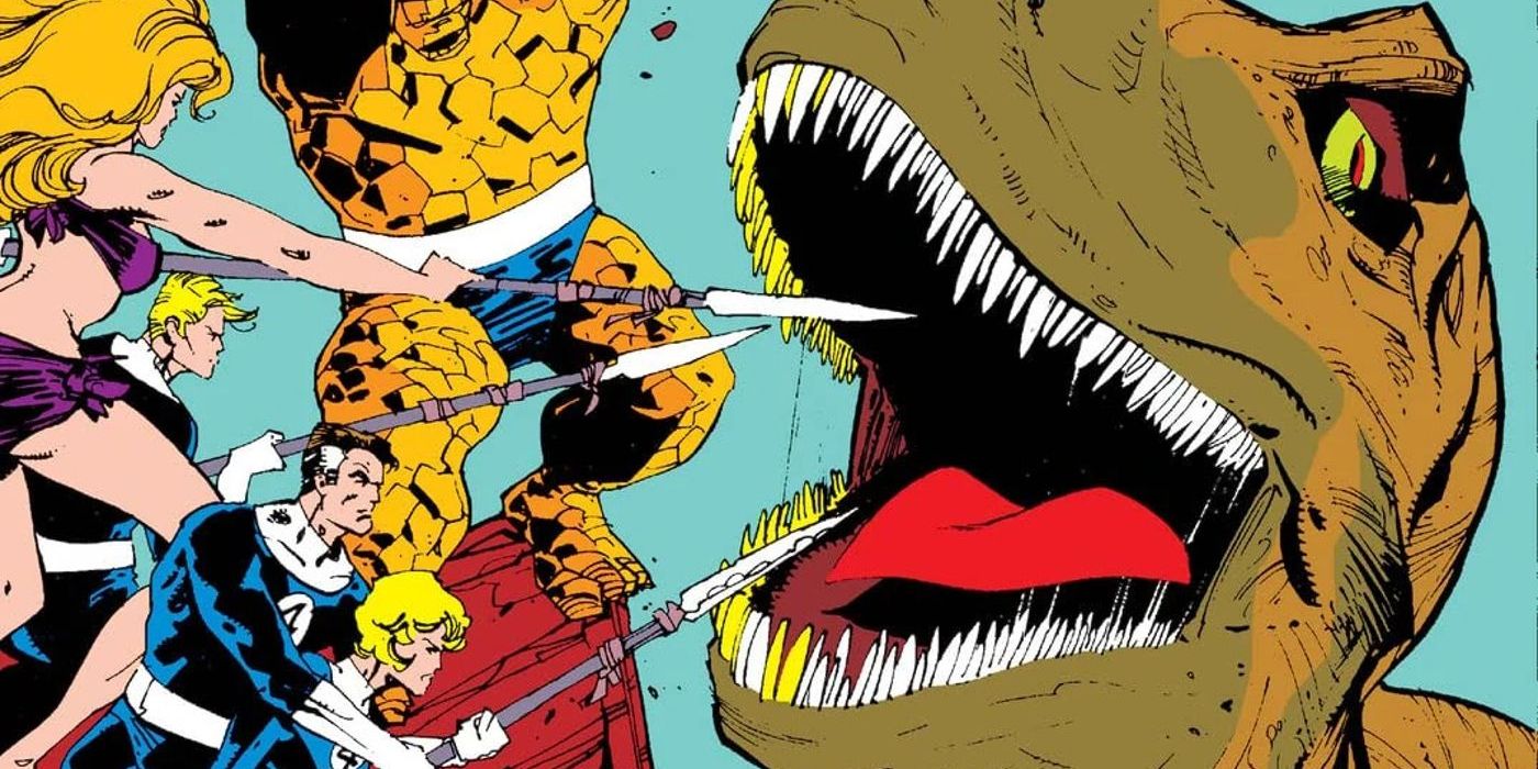 The Fantastic Four vs a T-Rex on the cropped cover to Fantastic Four #346