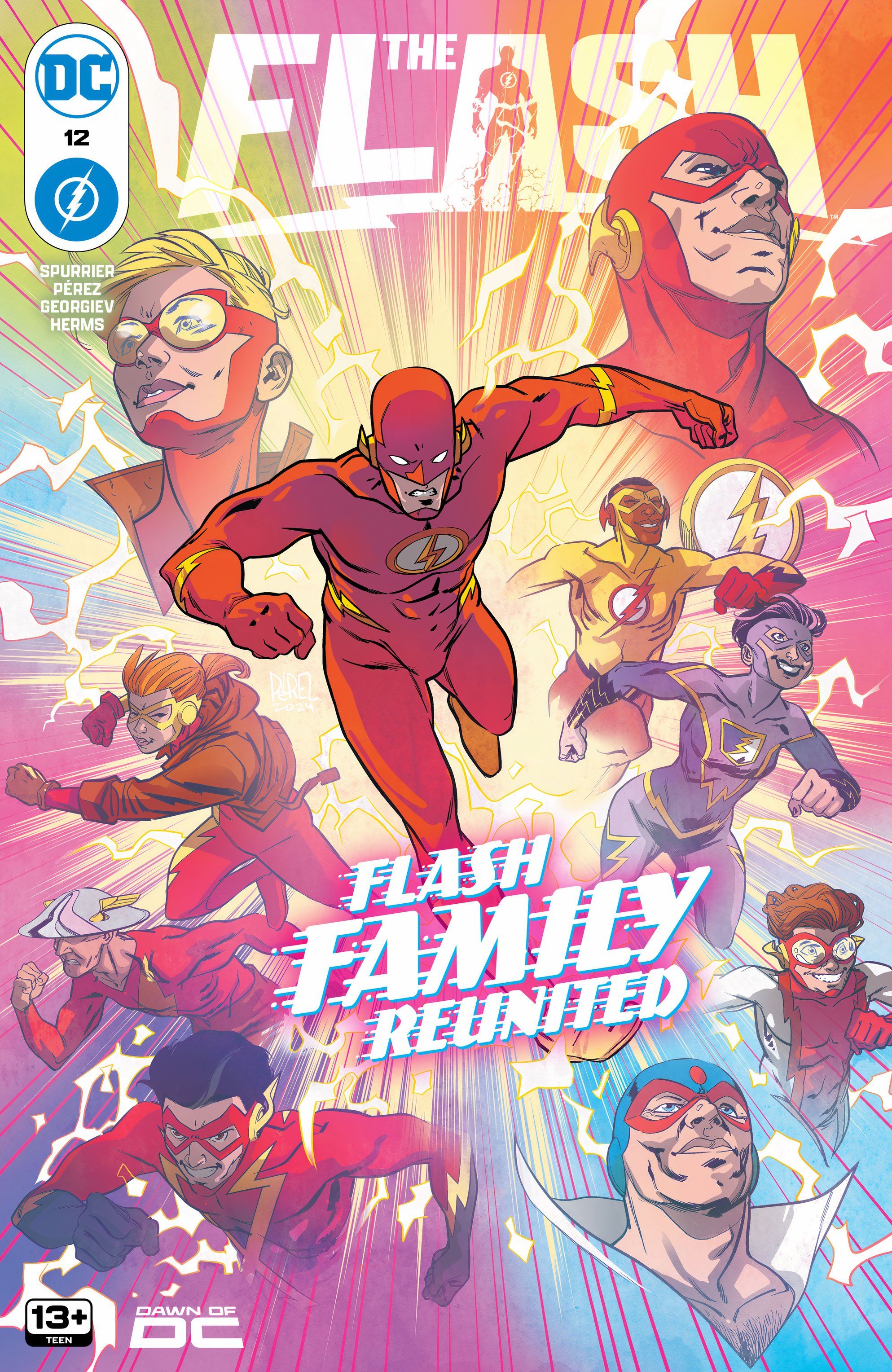 The Flash 12 Main Cover: the Flash Family runs forward through a rainbow vortex.