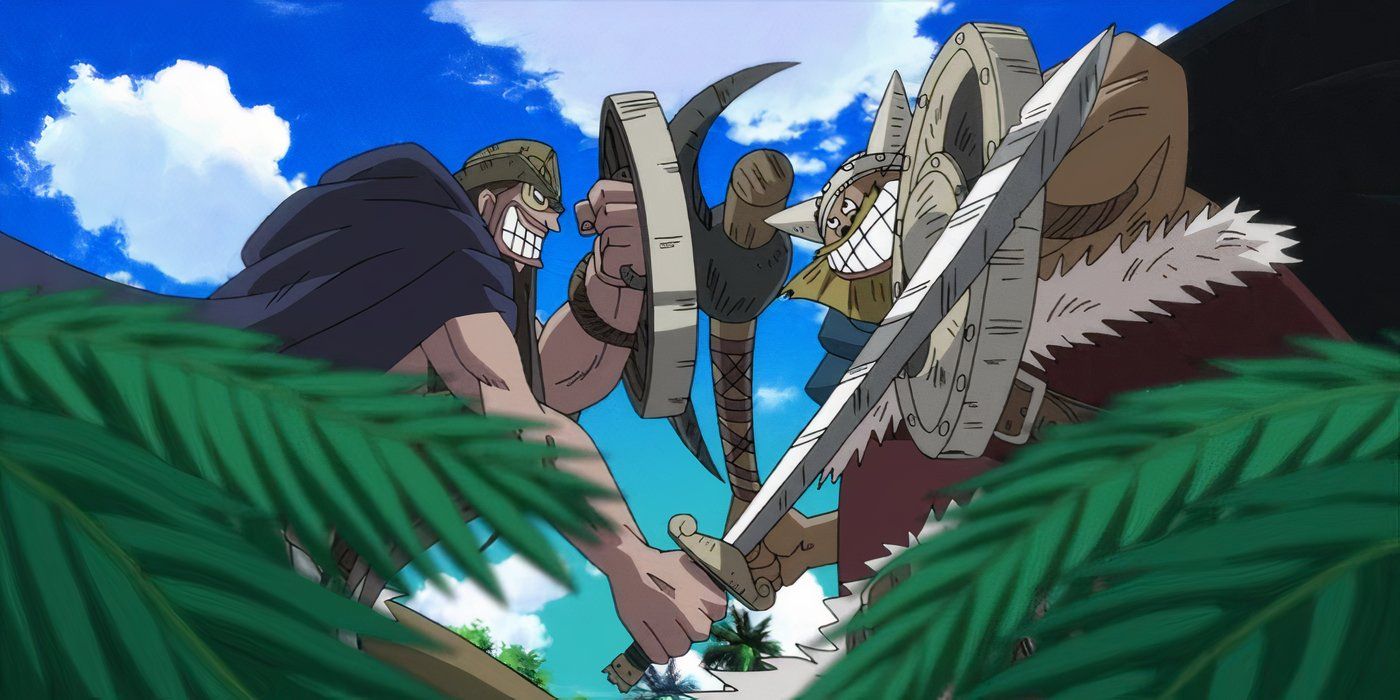 The giants Dorry and Brogy fighting on Little Garden in the One Piece anime.