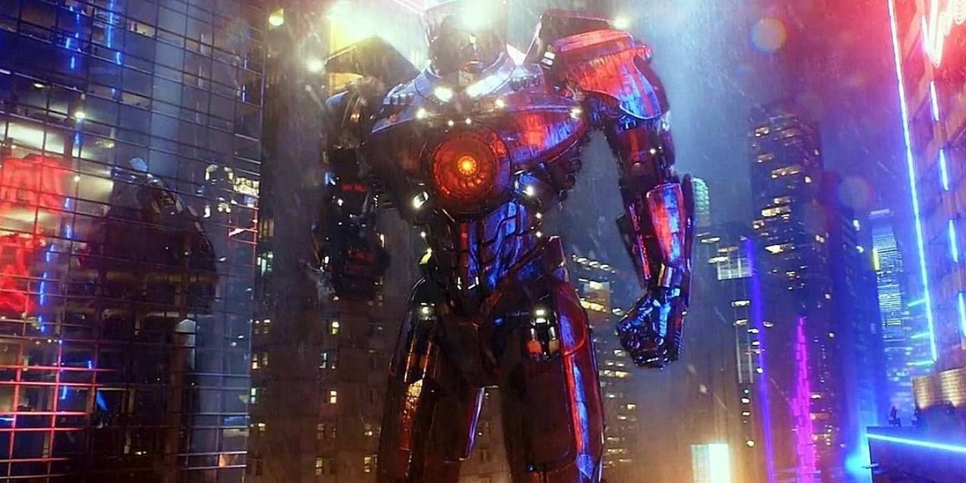 the Gipsy Danger jaegar standing in the middle of a city while it rains in Pacific Rim