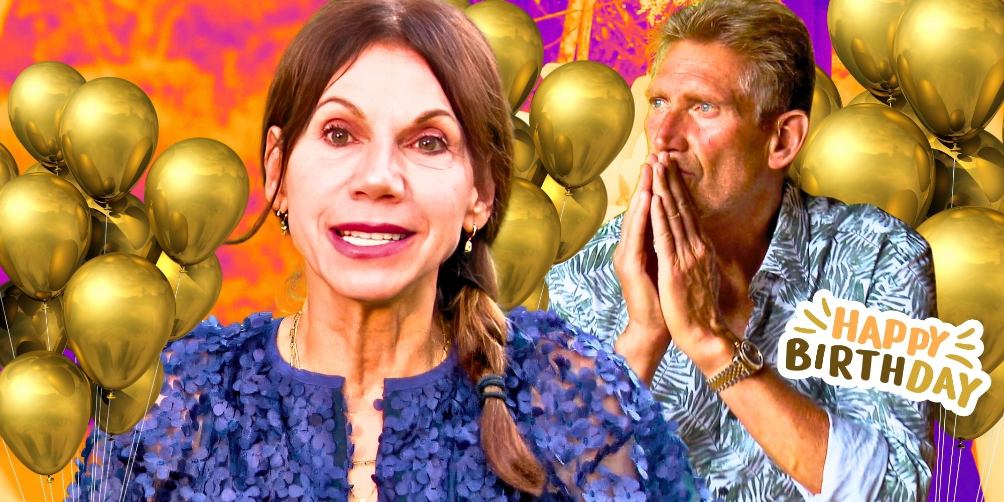 The Golden Bachelor’s Theresa Nist and Gerry Turner look serious in front of gold balloons and