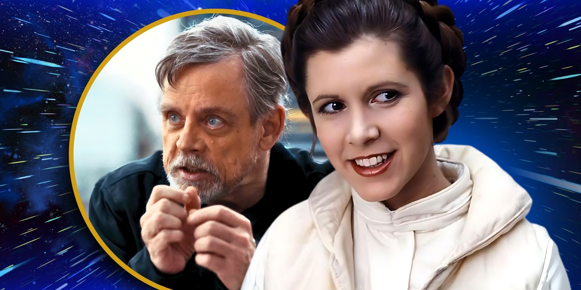 Mark Hamill in the present day to the left in a circle with a gold outline and Carrie Fisher as Princess Leia in the original trilogy to the right