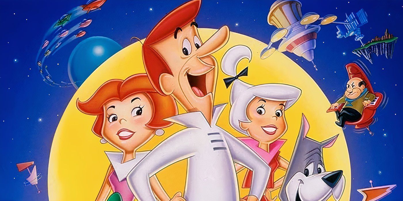 The Jetsons family all posing on the cover of the Jetsons The Movie.