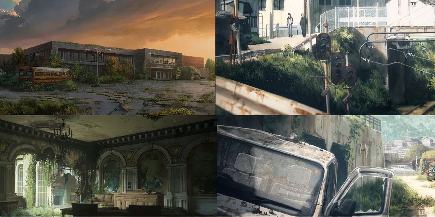 4 cuadros de arte del anime Heavenly Delusion y el juego The Last of Us que comparan sus similitudes