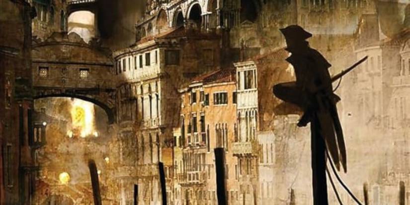 The cover of The Lies of Locke Lamora by Scott Lynch featuring a shadow on a pole with a city in the background