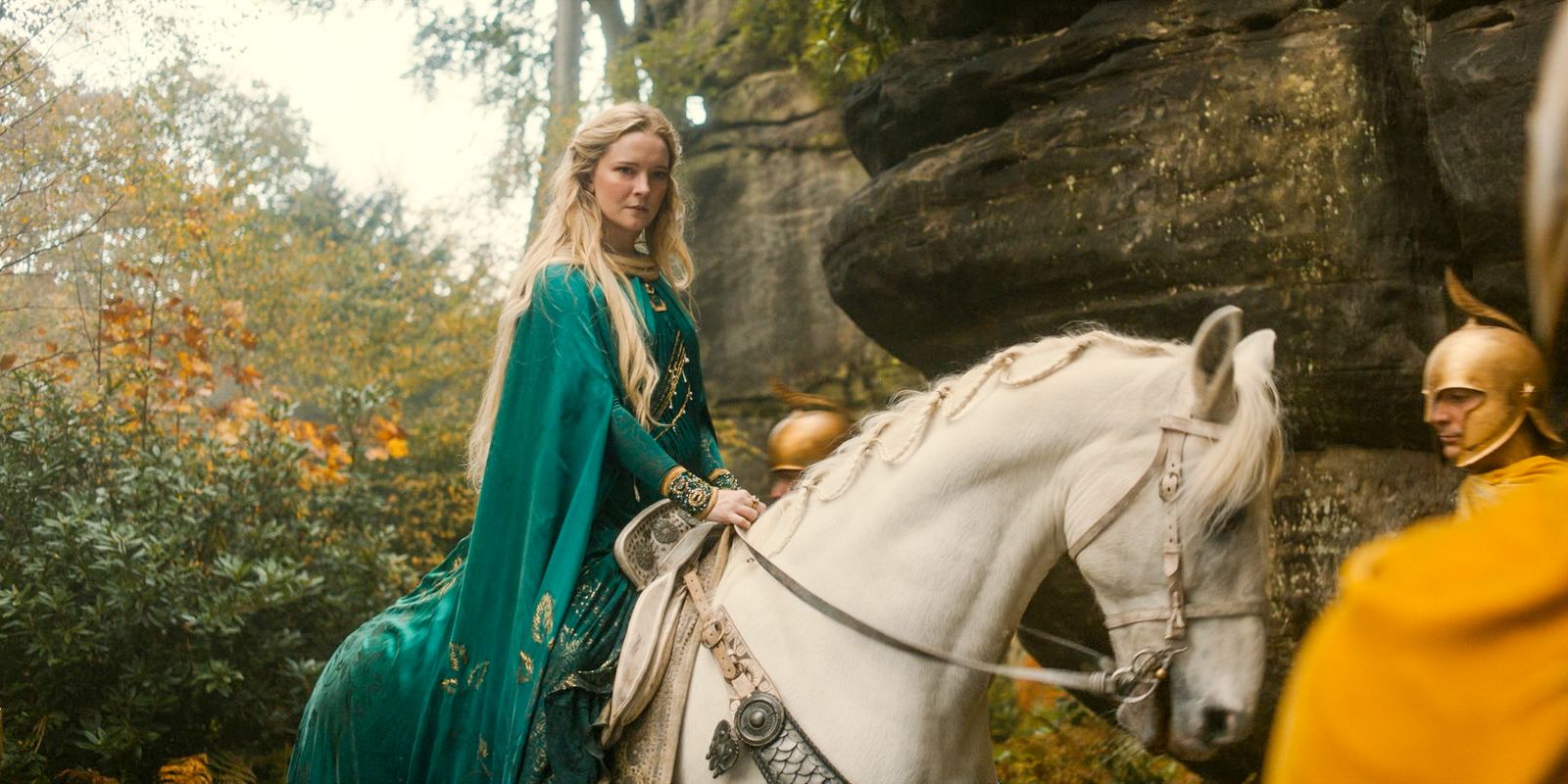 Galadriel (Morfydd Clark) riding her horse in The Lord of the Rings: The Rings of Power Season 2 Episode 1