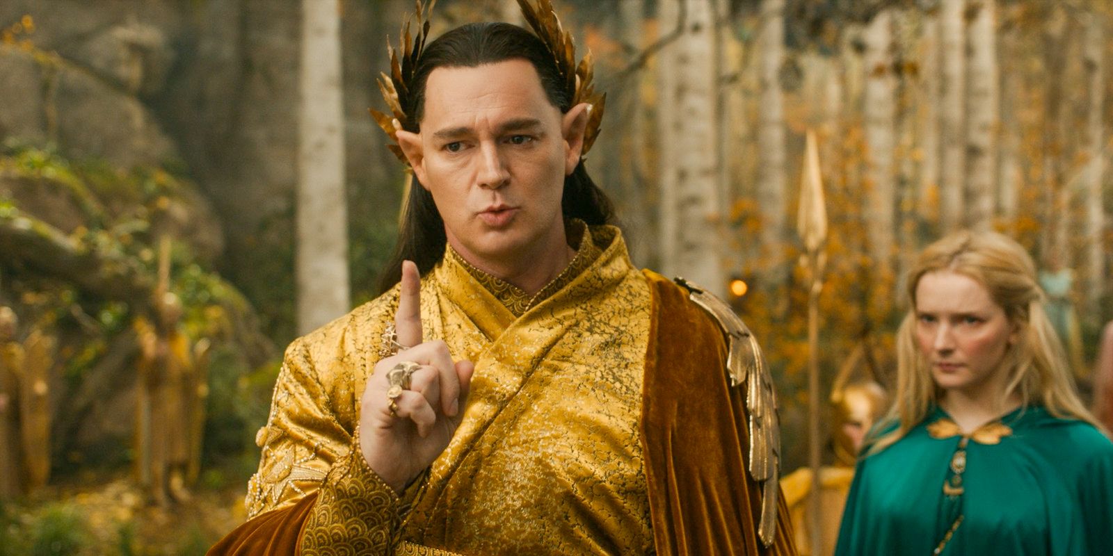 High King Gil-galad (Benjamin Walker) angered by Elrond's refusal to surrender the Rings in The Lord of the Rings: The Rings of Power Season 2 Episode 1