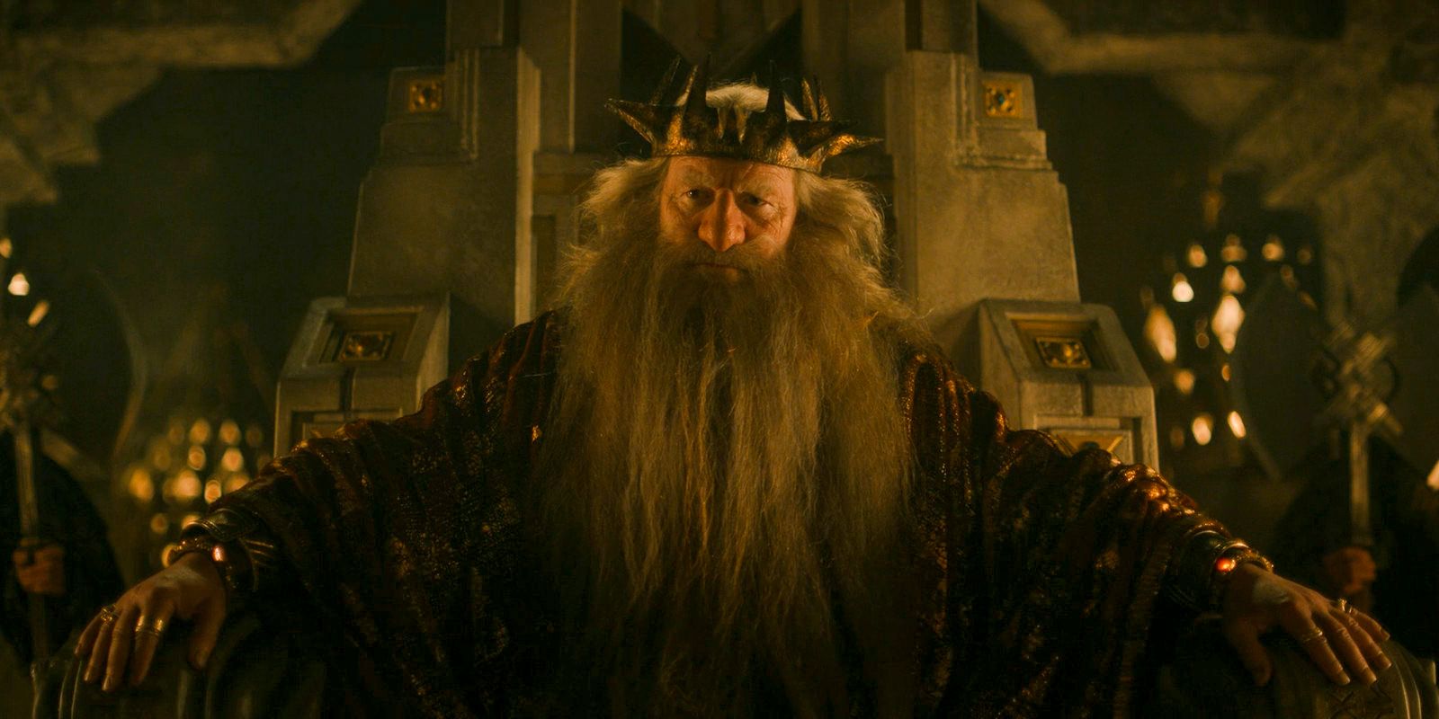 King Durin III ( Peter Mullan) on his throne in The Lord of the Rings: The Rings of Power Season 2 Episode 2