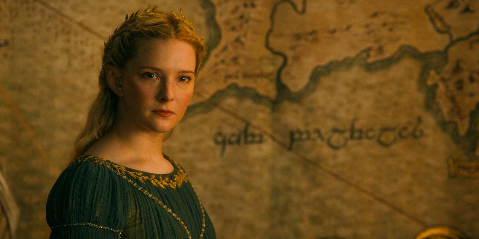 Galadriel in front of a map in The Lord of the Rings: The Rings of Power Season 2.