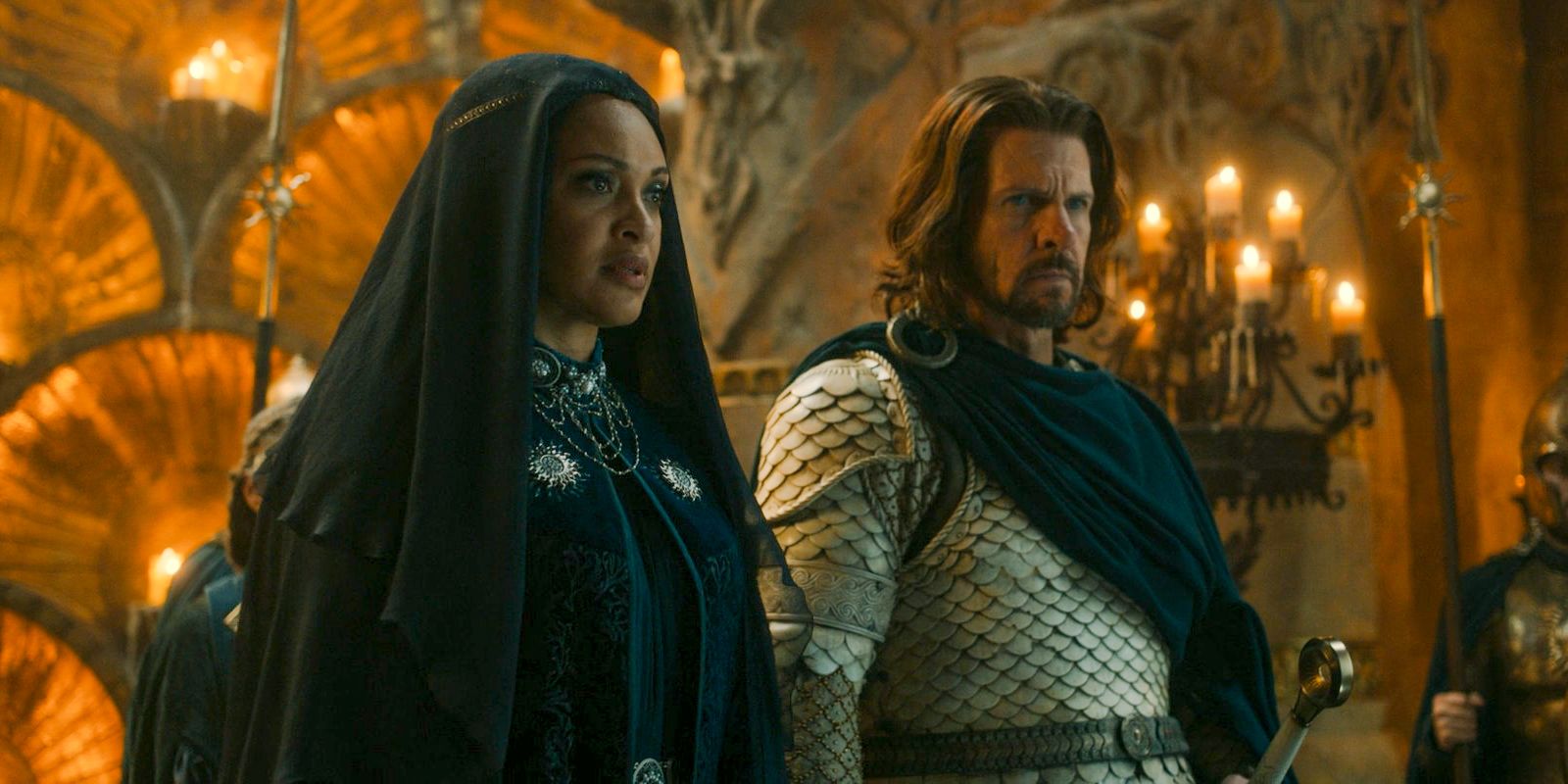 Queen Regent Míriel (Cynthia Addai-Robinson) and Captain Elendil (Lloyd Owen) at the king's funeral in The Lord of the Rings: The Rings of Power Season 2 Episode 3 