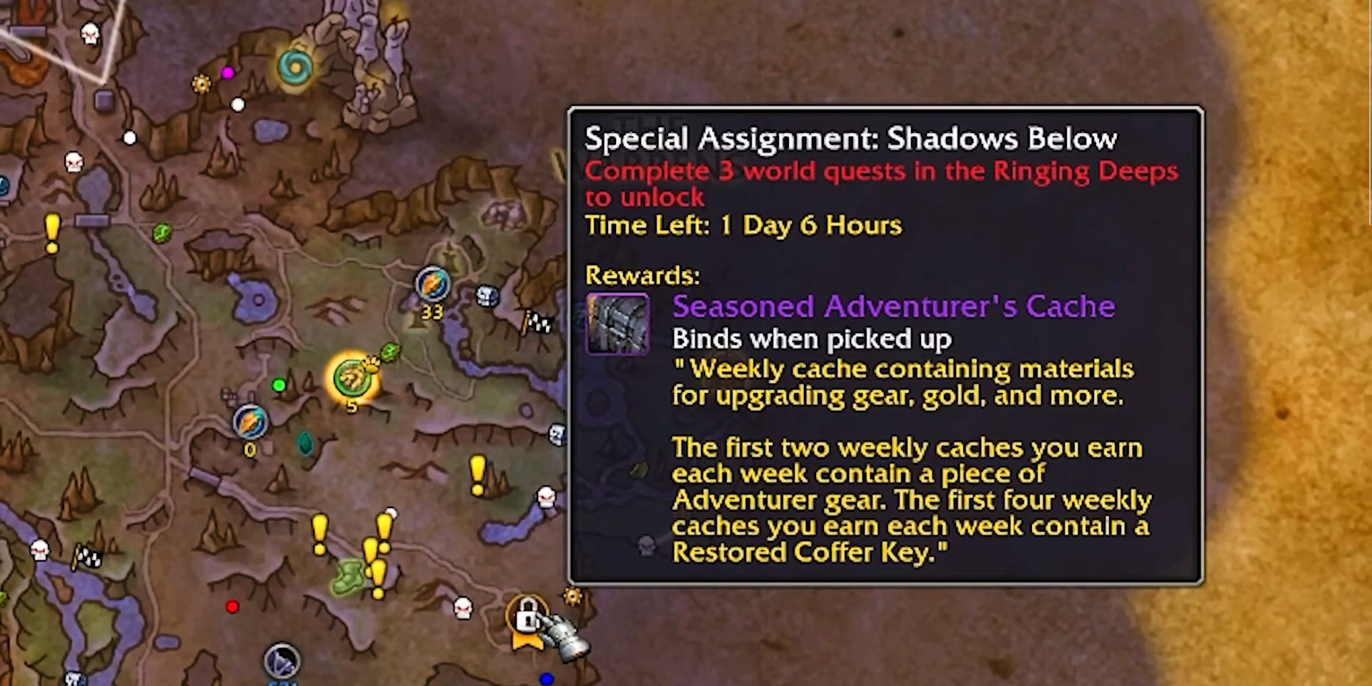 The WoW map screen with a selected special assignment quest.