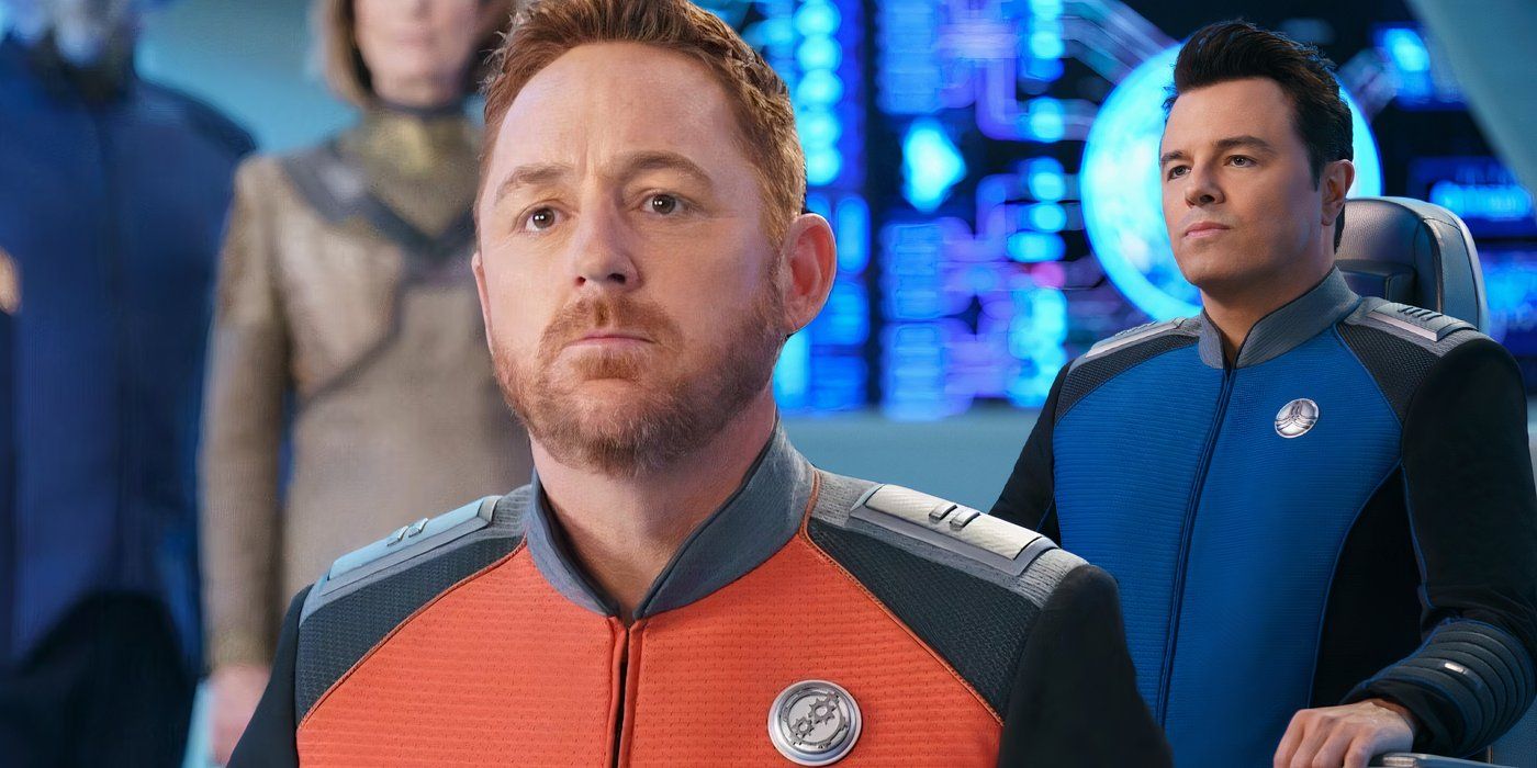 A composite image of Scott Grimes looking on hopefully in front of Seth MacFarlane sitting in the captain's chair in The Orville