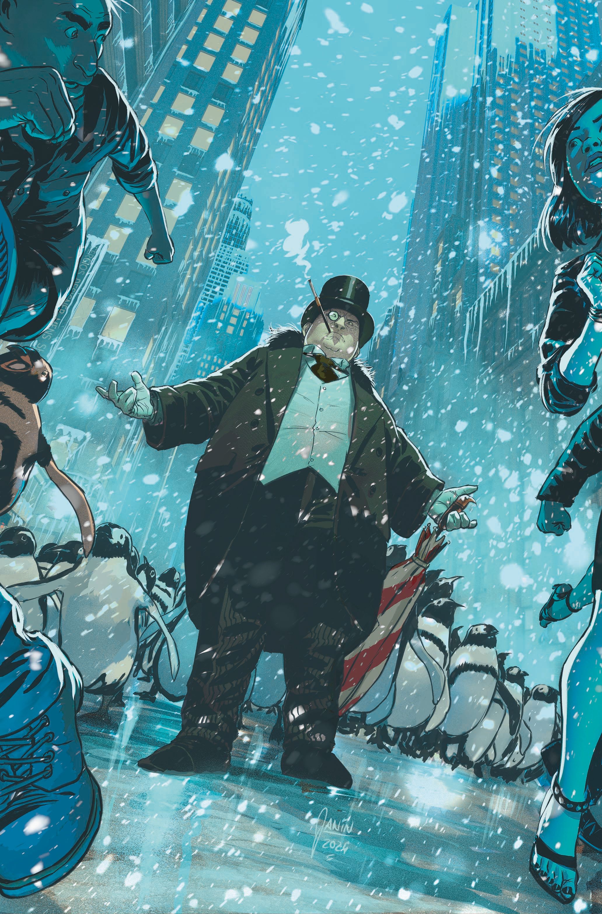 Solicitação da capa principal do Penguin Special 1: o Pinguim posa em Gotham com seus pinguins na neve.