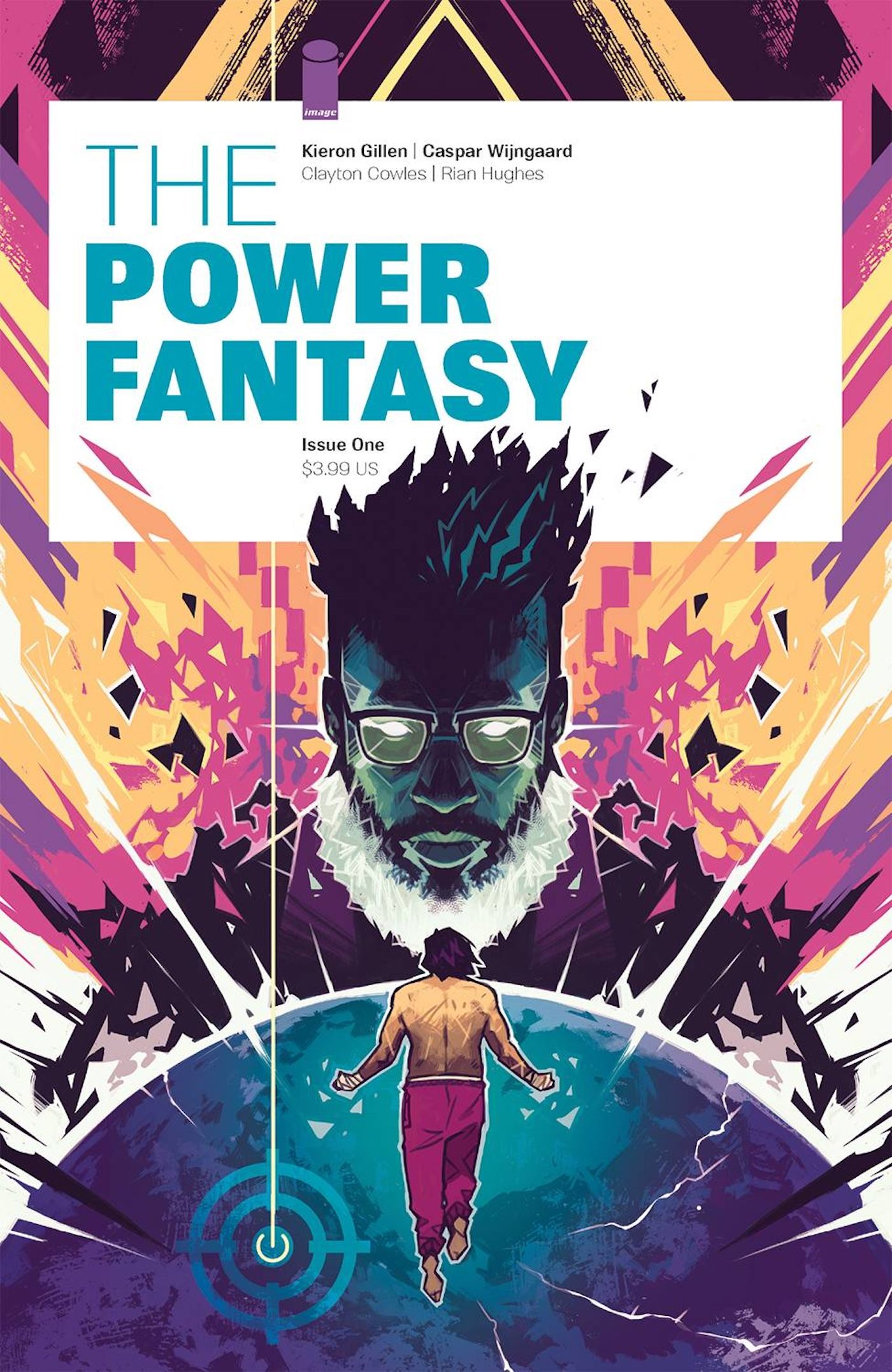 The main cover of “The Power Fantasy 1”: Etienne Lux looks down at a globe.