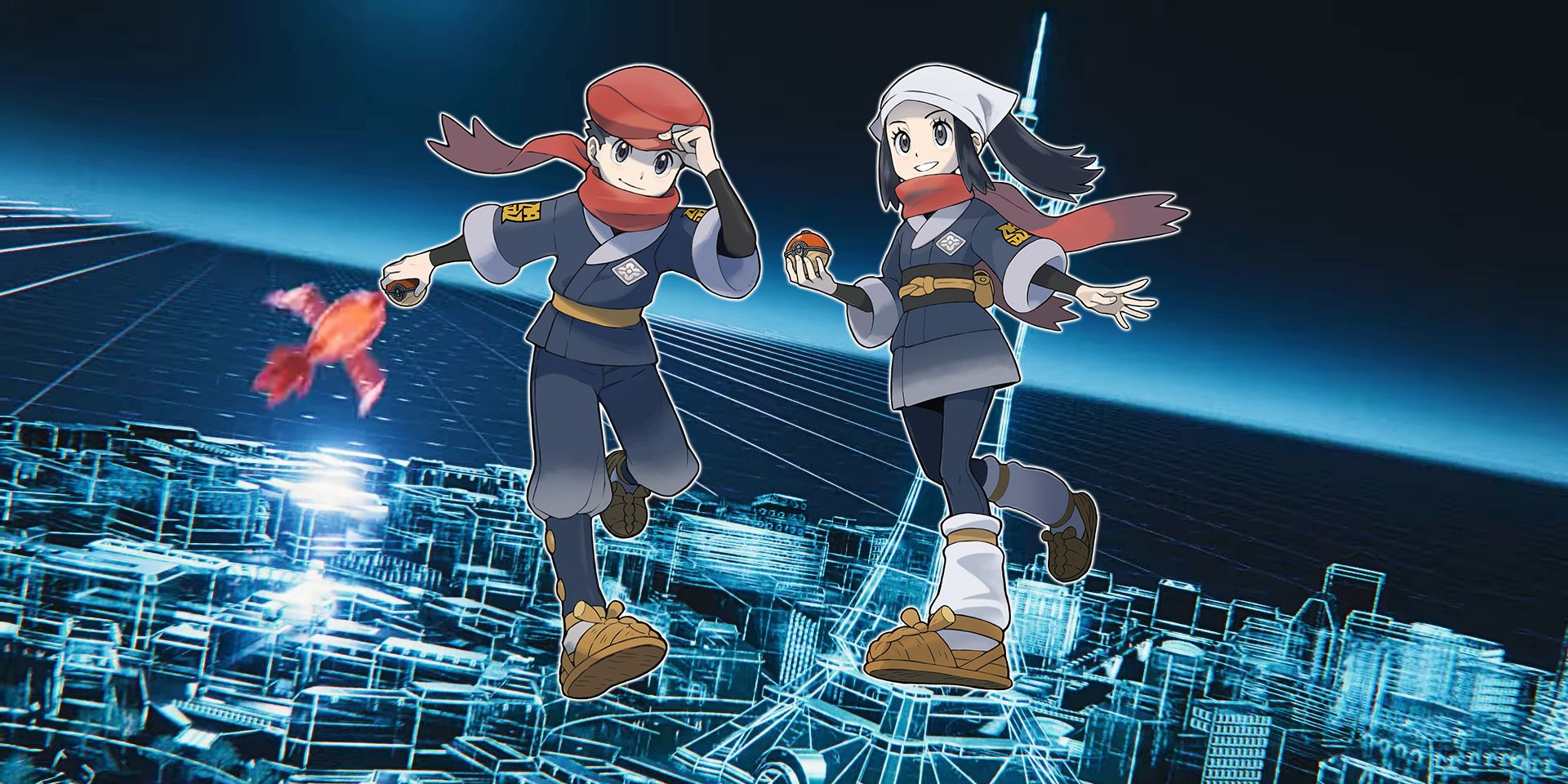 The protagonists of Pokemon Legends_ Arceus in front of a wireframe view of Lumiose City from the first trailer from ZA.