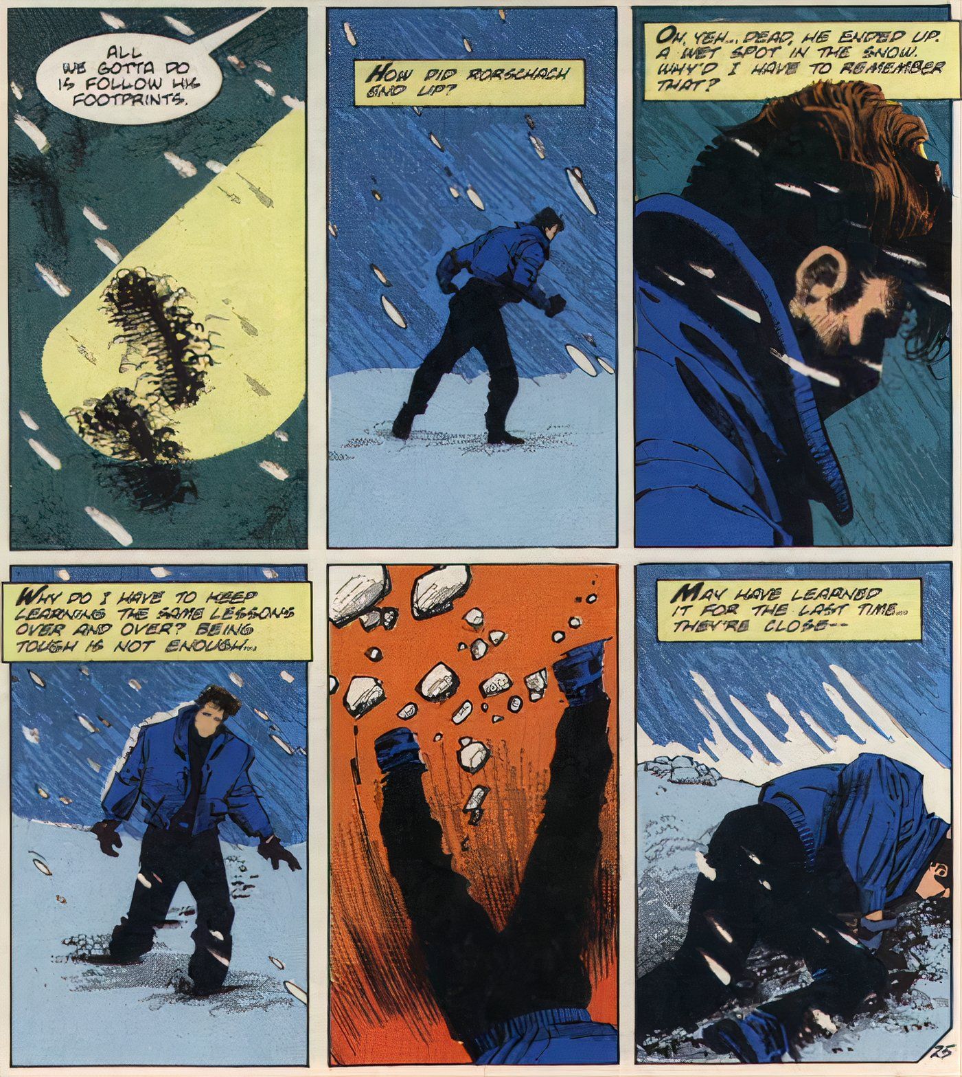 A Pergunta #17 Vic Sage desmaia na neve, pensando em Rorschach