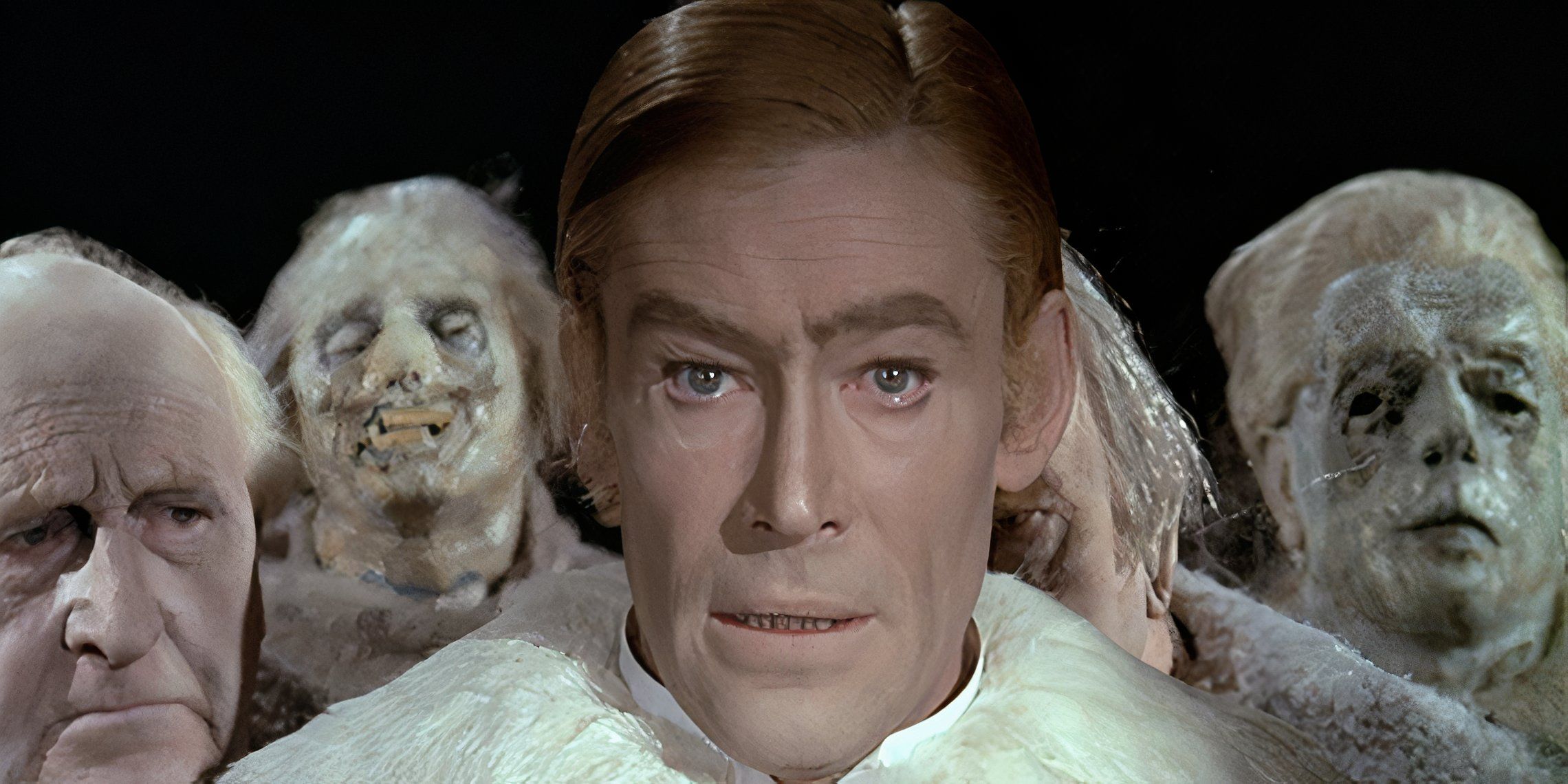 Peter O'Toole as Jack hallucinates his colleagues in the House of Lords as decaying bodies in The Ruling Class