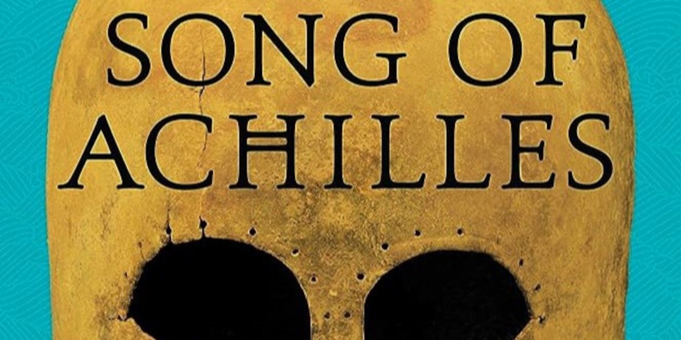 Capa de The Song of Achilles com capacete dourado e fundo turquesa