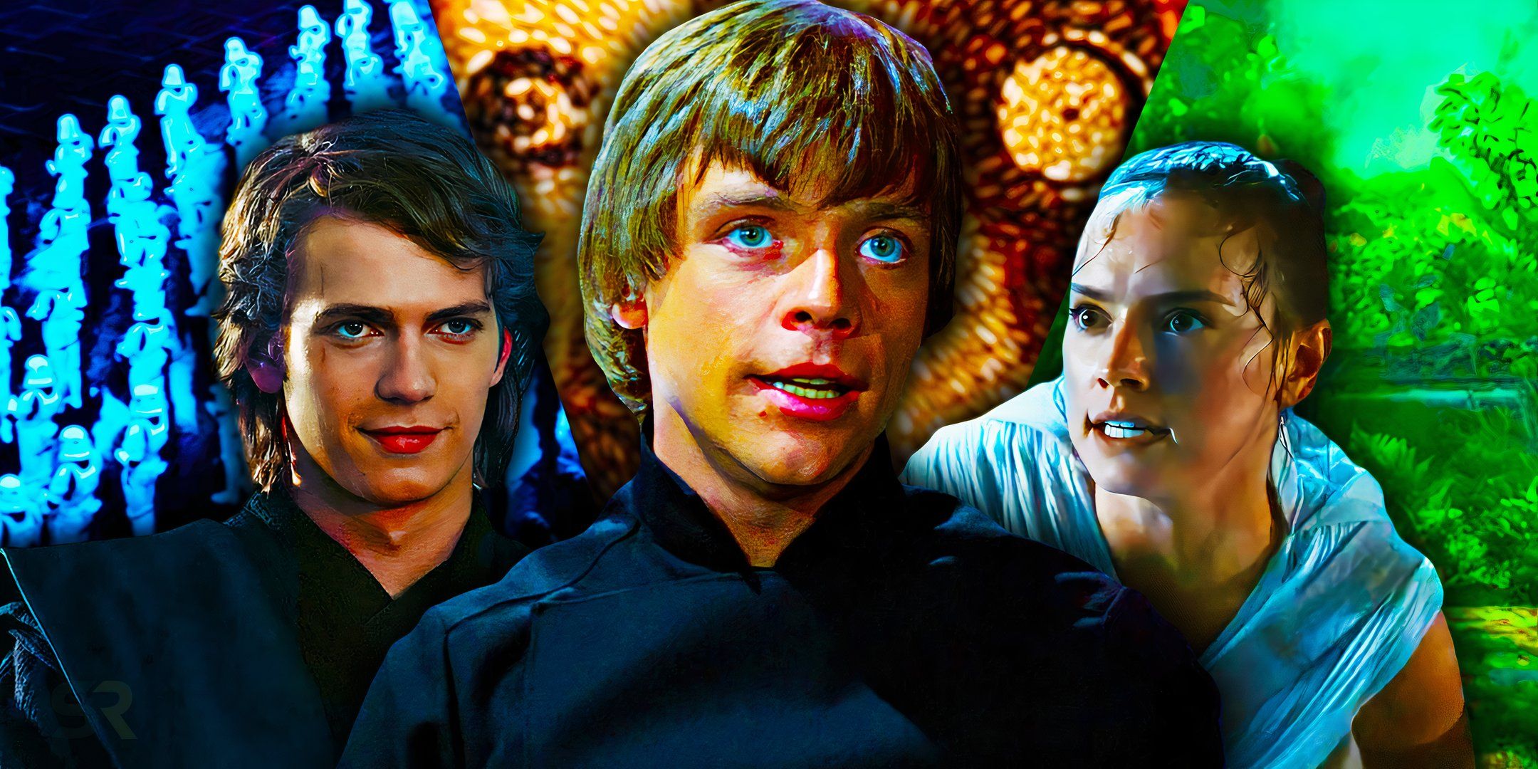 Anakin, Luke, and Rey Skywalker above various images of the Star Wars timeline