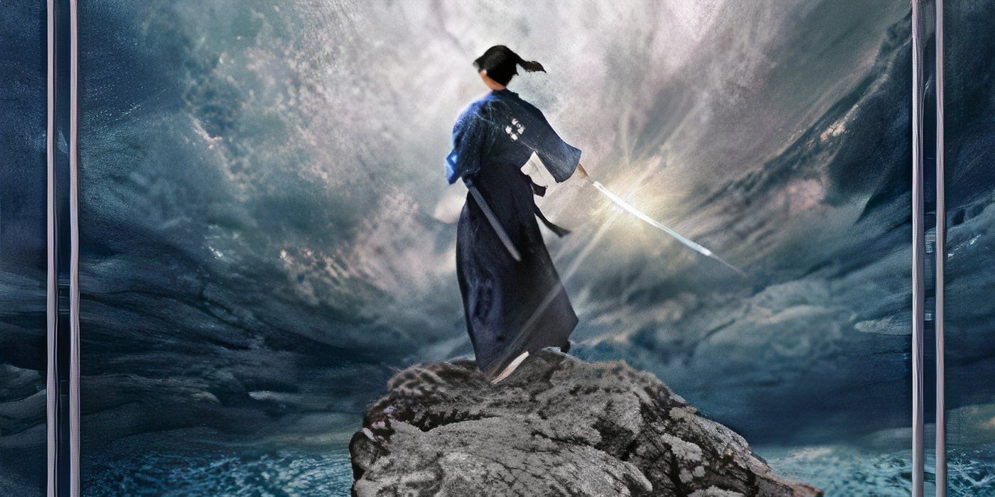 The Sword of Kaigen cover featuring a man standing on a rock in front of the ocean with a sword