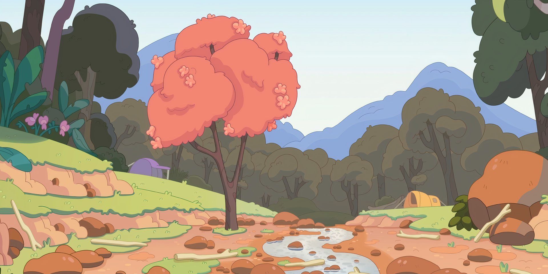 The tree grows by the river in the Camping episode of Bluey