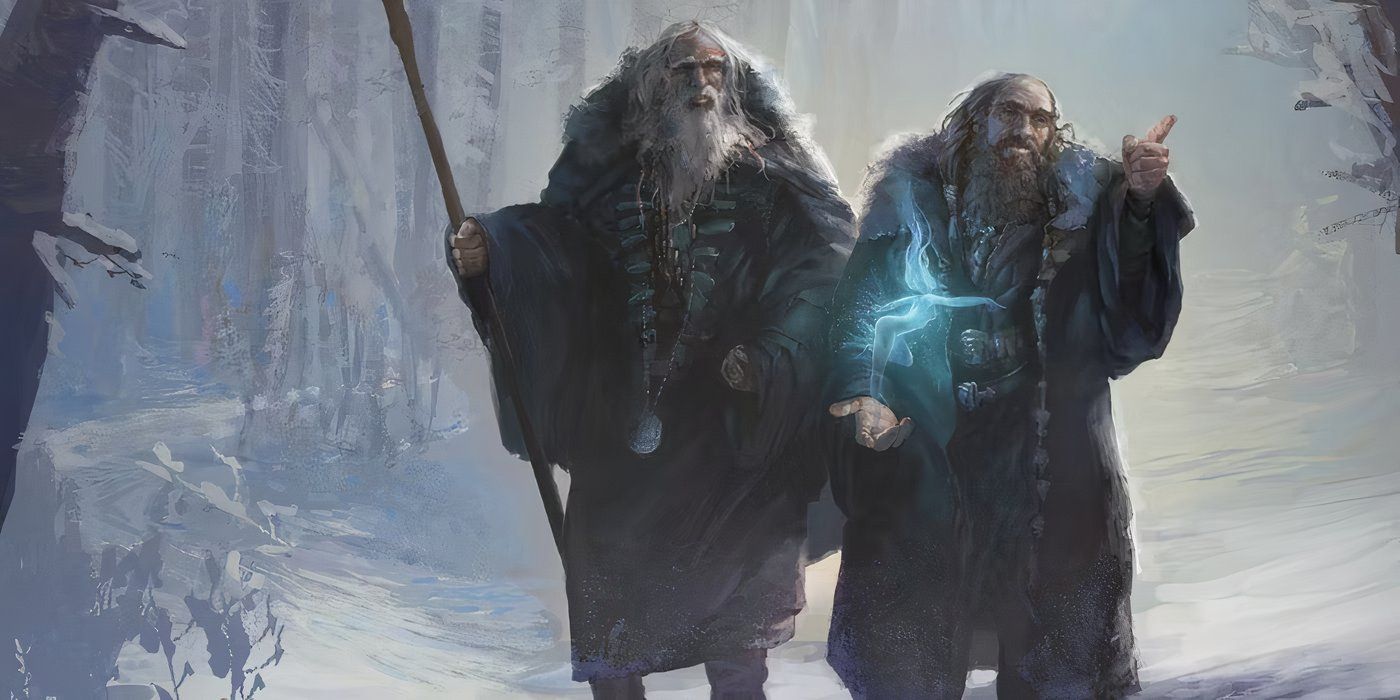 The two blue wizards walk side by side in a snowy forest in a painted illustration of The Lord of the Rings