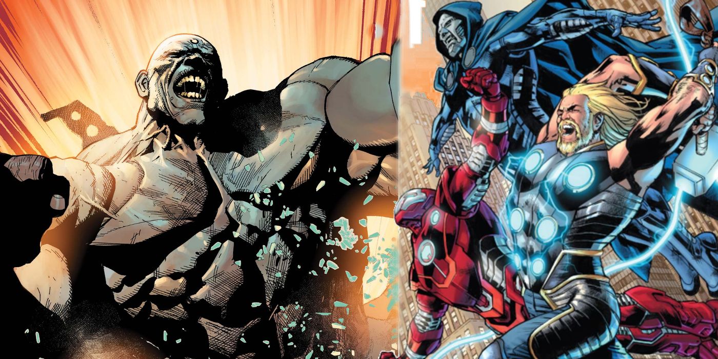 Ultimate Hulk (left) and the Ultimates including Thor, Iron Man, &amp; Doctor Doom (right.)