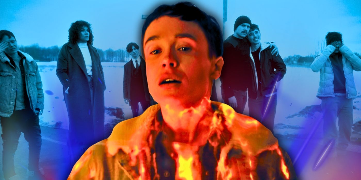 Viktor Hargreeves (Elliot Page) shines in the orange glow of his powers, in the background is a picture of his siblings