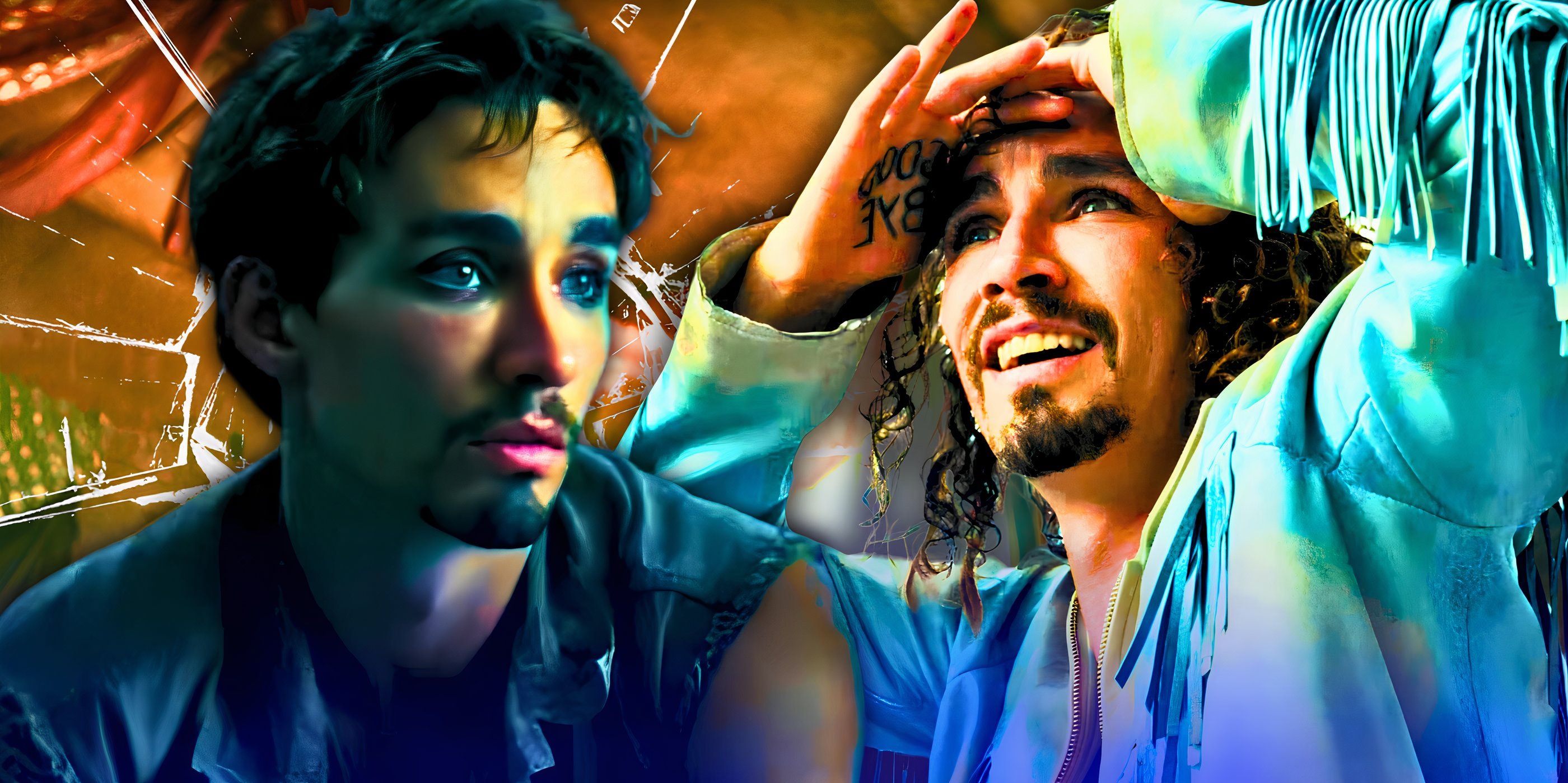 Collage of Robert Sheehan as Klaus Hargreeves looking stoned and awed in The Umbrella Academy