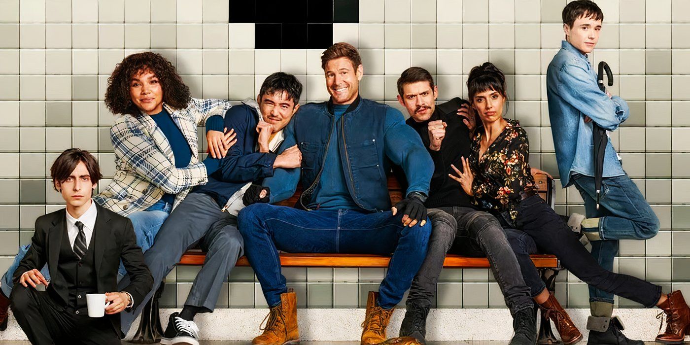 Cartaz do elenco da quarta temporada de The Umbrella Academy com os Hargreeves e Lila sentados no metrô