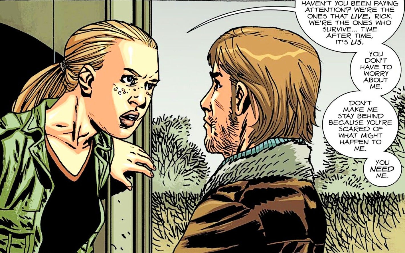 The Walking Dead Deluxe #94, Andrea tells Rick "we're the ones that live."