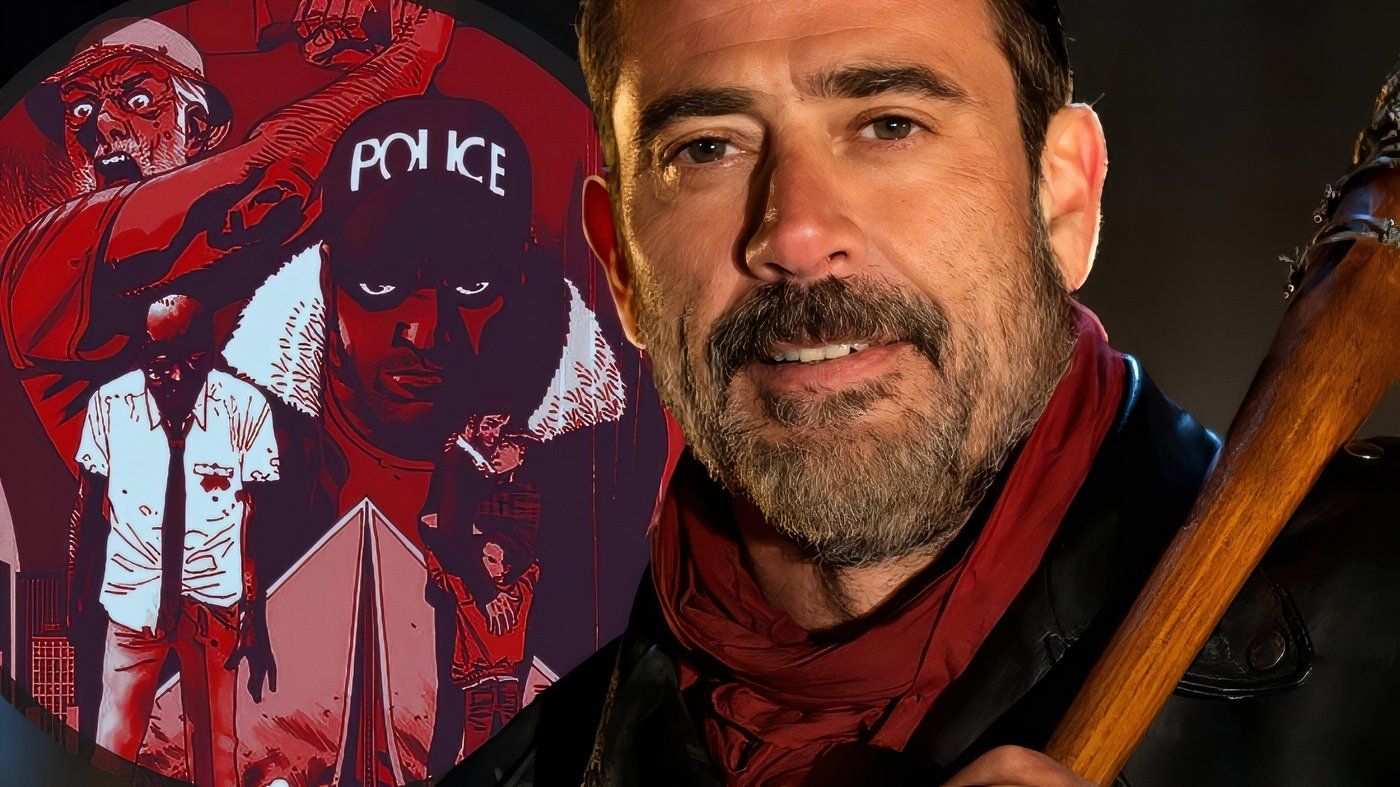 The Walking Dead's Negan with generic comic characters behind him.