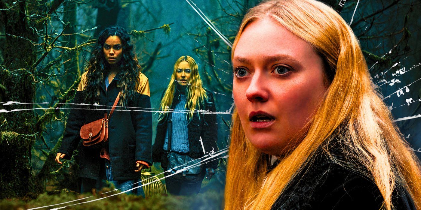 Dakota Fanning looking shocked as Georgina Campbell with imagery from The Watchers behind her