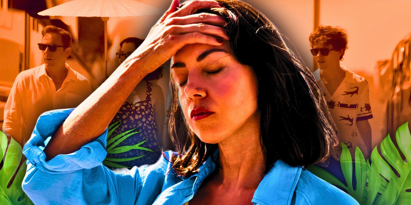 Aubrey Plaza holds her head in frustration in The White Lotus with the White Lotus season 3 cast photo behind her