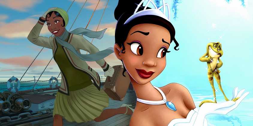 A composite image of Tiana holding Naveen as a frog looking skeptical in front of Tiana running on the deck of a ship in promo art for Tiana