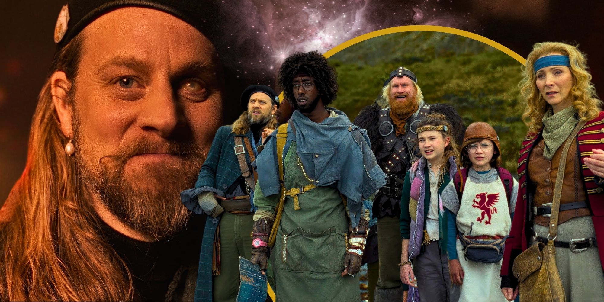 Tadhg Murphy smiling at screen while Time Bandits group stare into the distance