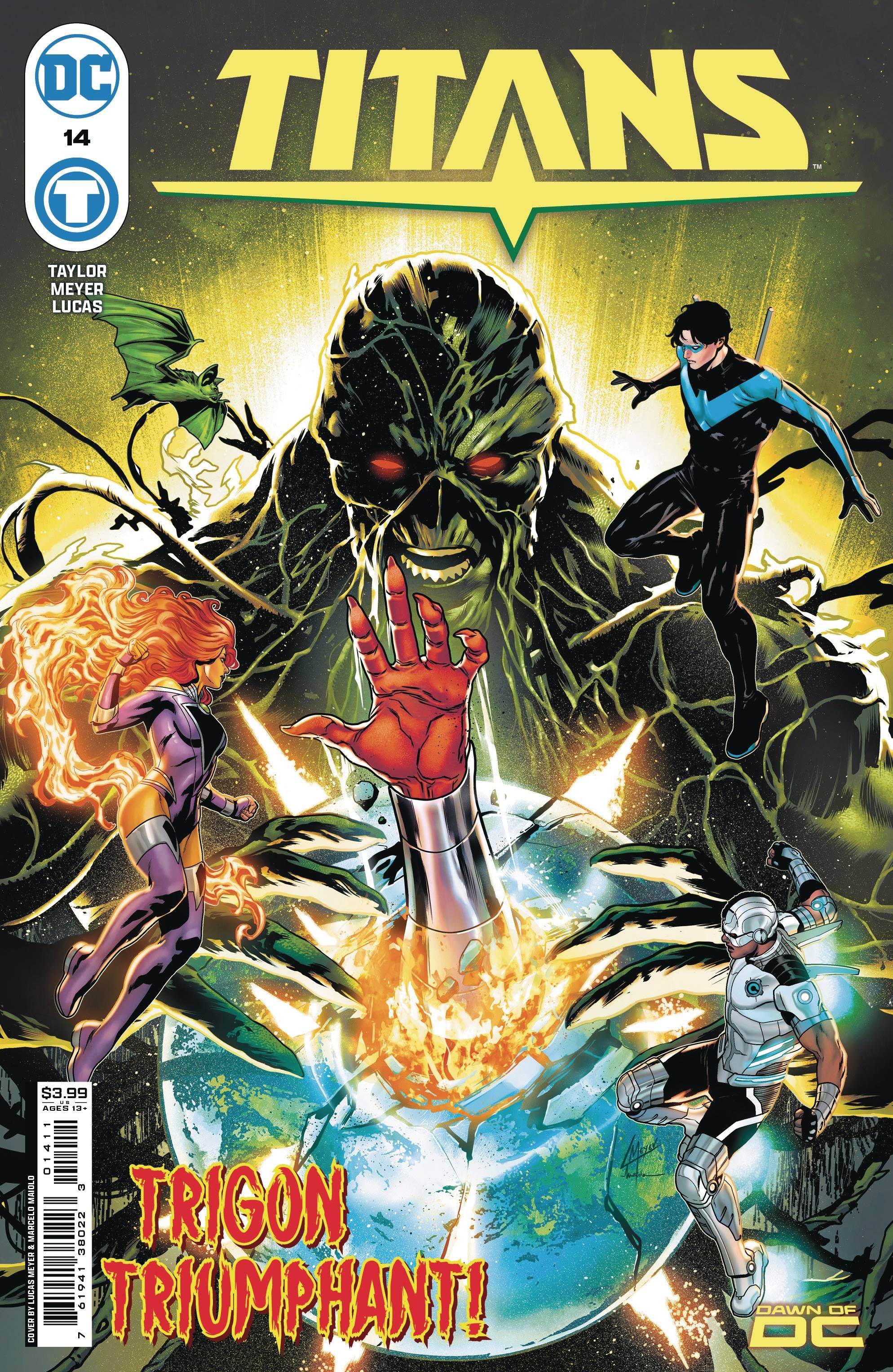 Titanes 14 Portada principal: Los Titanes y Swamp Thing se preparan para detener a un demonio que emerge de la Tierra.