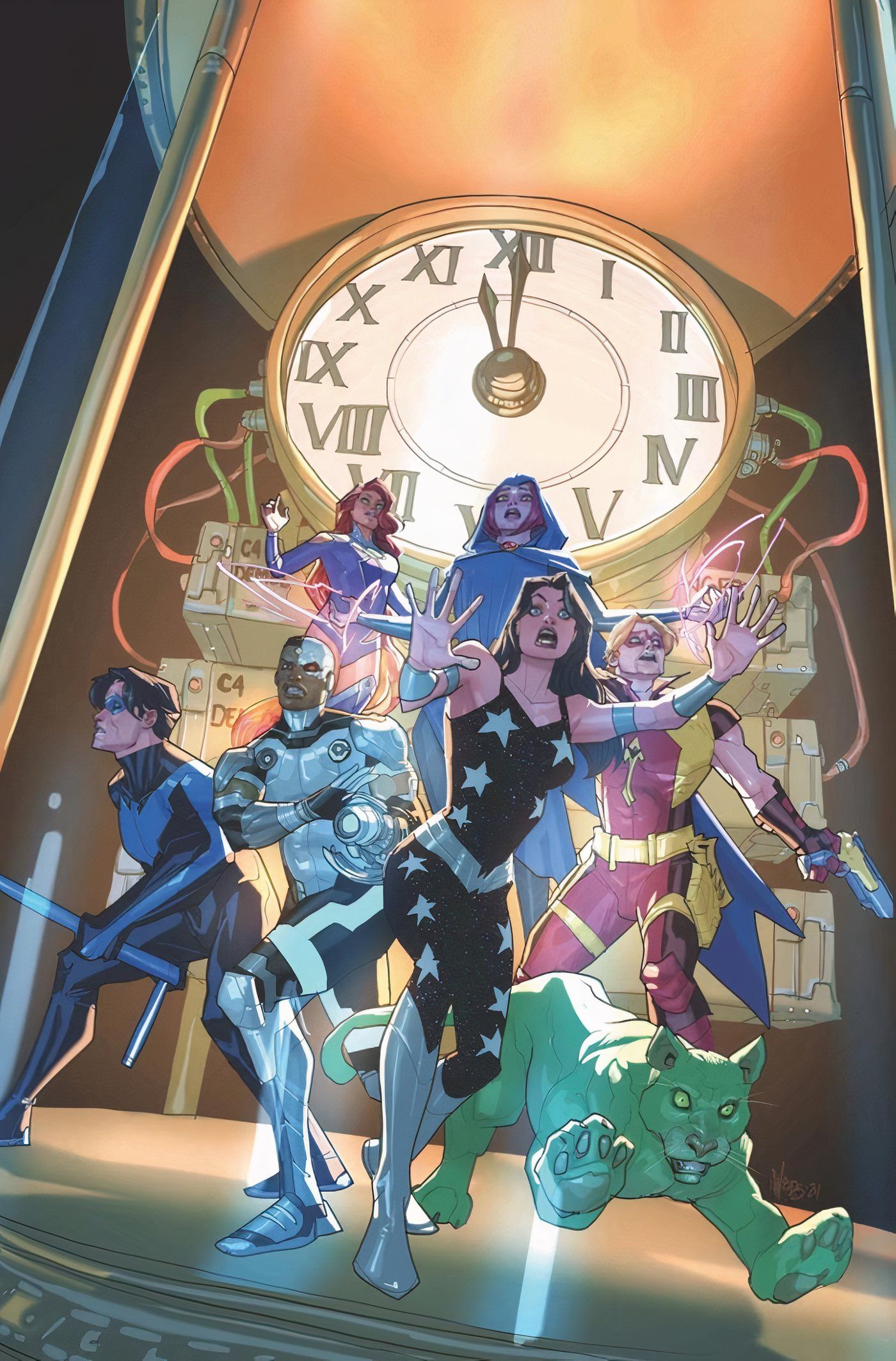 Capa principal de Titans 17: Donna Troy, Asa Noturna e os Jovens Titãs posam em frente a um relógio enorme.