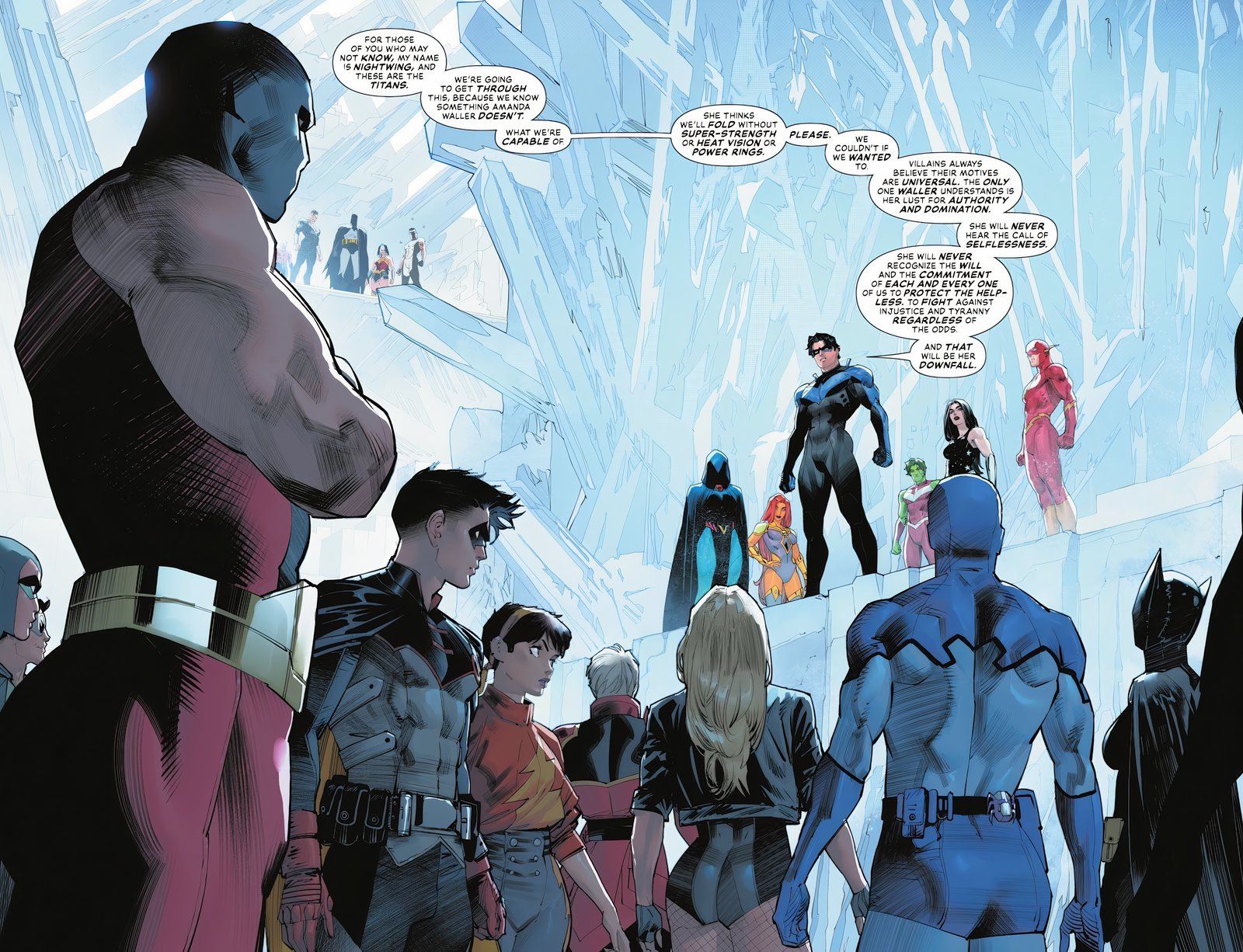 Comic-Panel aus Absolute Power Nr. 2: Nightwing und die Titans wenden sich an die Helden, um sie als Widerstand gegen Waller zu vereinen.