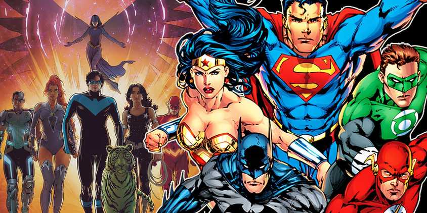 Comic art with the Titans in the background and the Justice League in the foreground