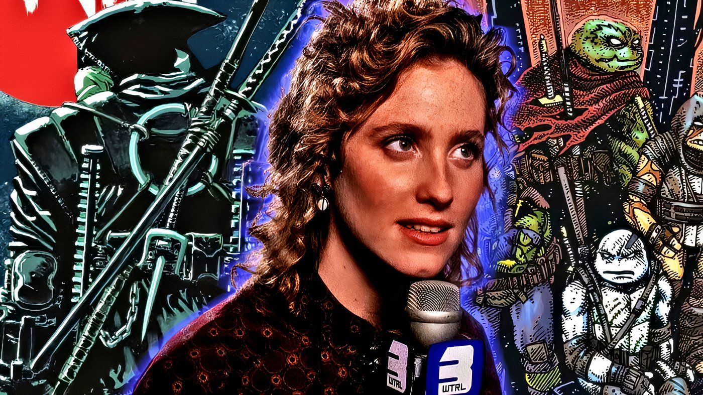 Live-action April O&rsquo;Neil with the new TMNT from The Last Ronin behind her.