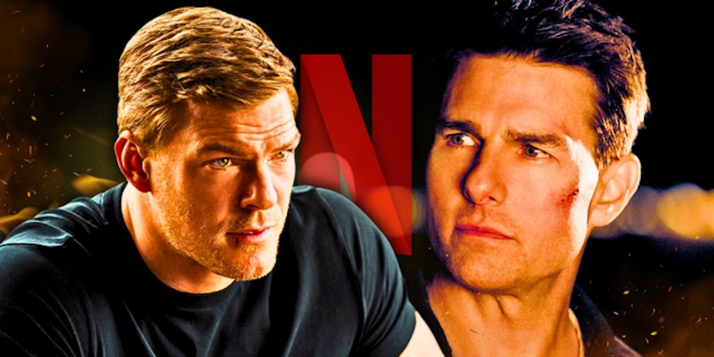 Tom Cruise's Jack Reacher and Alan Ritchson's Reacher in front of Netflix's logo