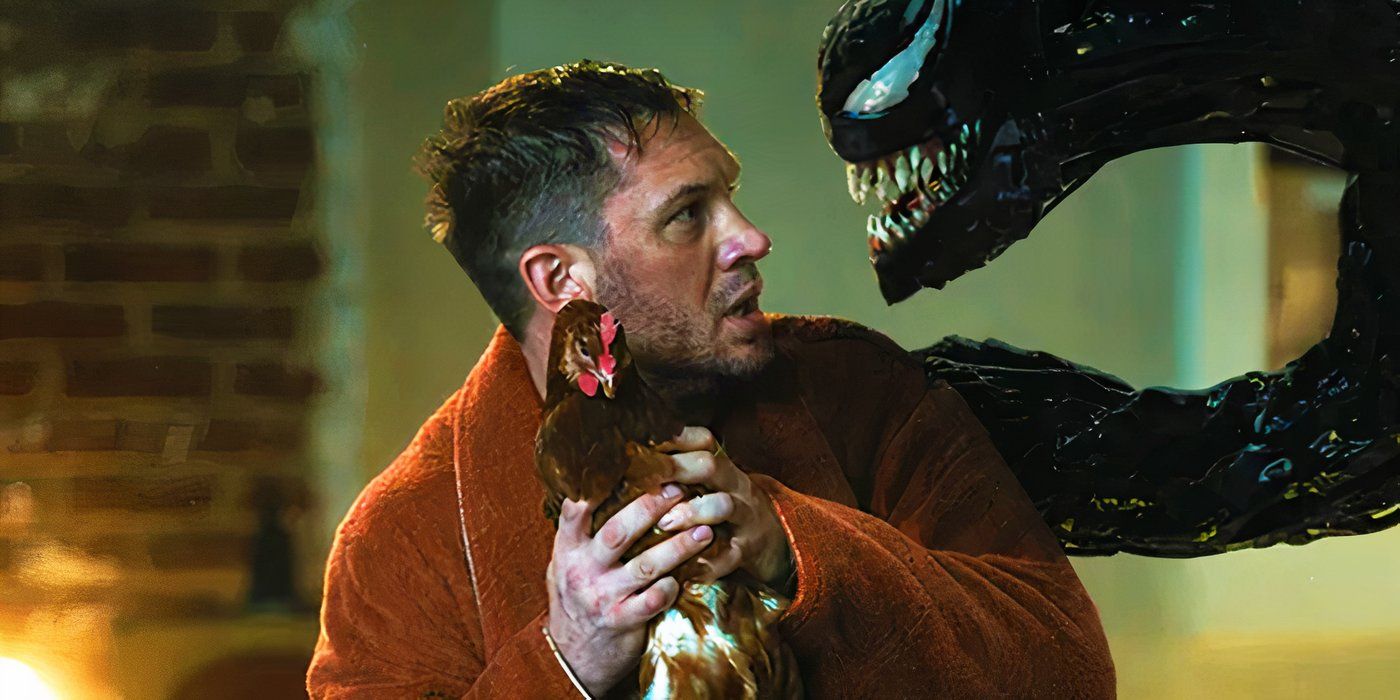 Tom Hardy as Eddie Brock speaking to Venom with a chicken in Venom