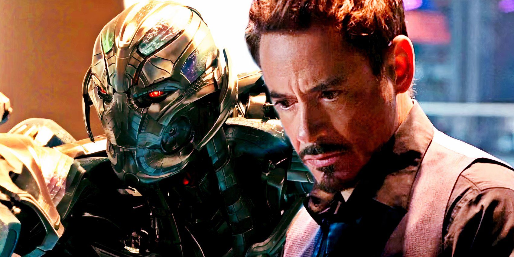 Ultron fighting the Avengers and Tony stares at a broken helmet in Avengers: Age of Ultron