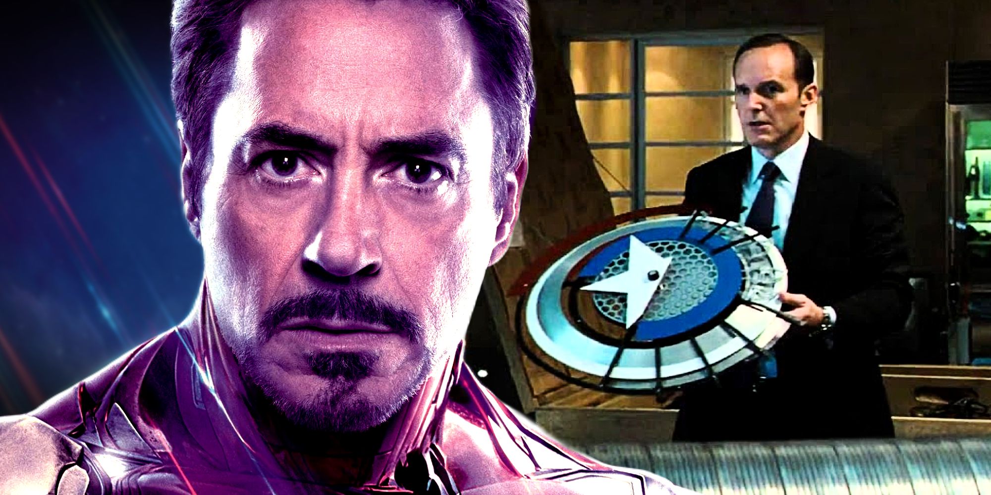 Tony Stark usa sua armadura Mark 85 do Homem de Ferro em Vingadores Ultimato e o Agente Coulson segura o protótipo do escudo do Capitão América em Homem de Ferro 2