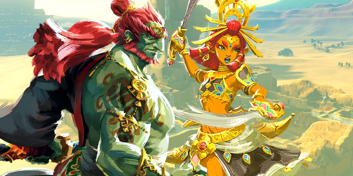 Ganondorf y Riju frente a Gerudo Town de Tears of the Kingdom.