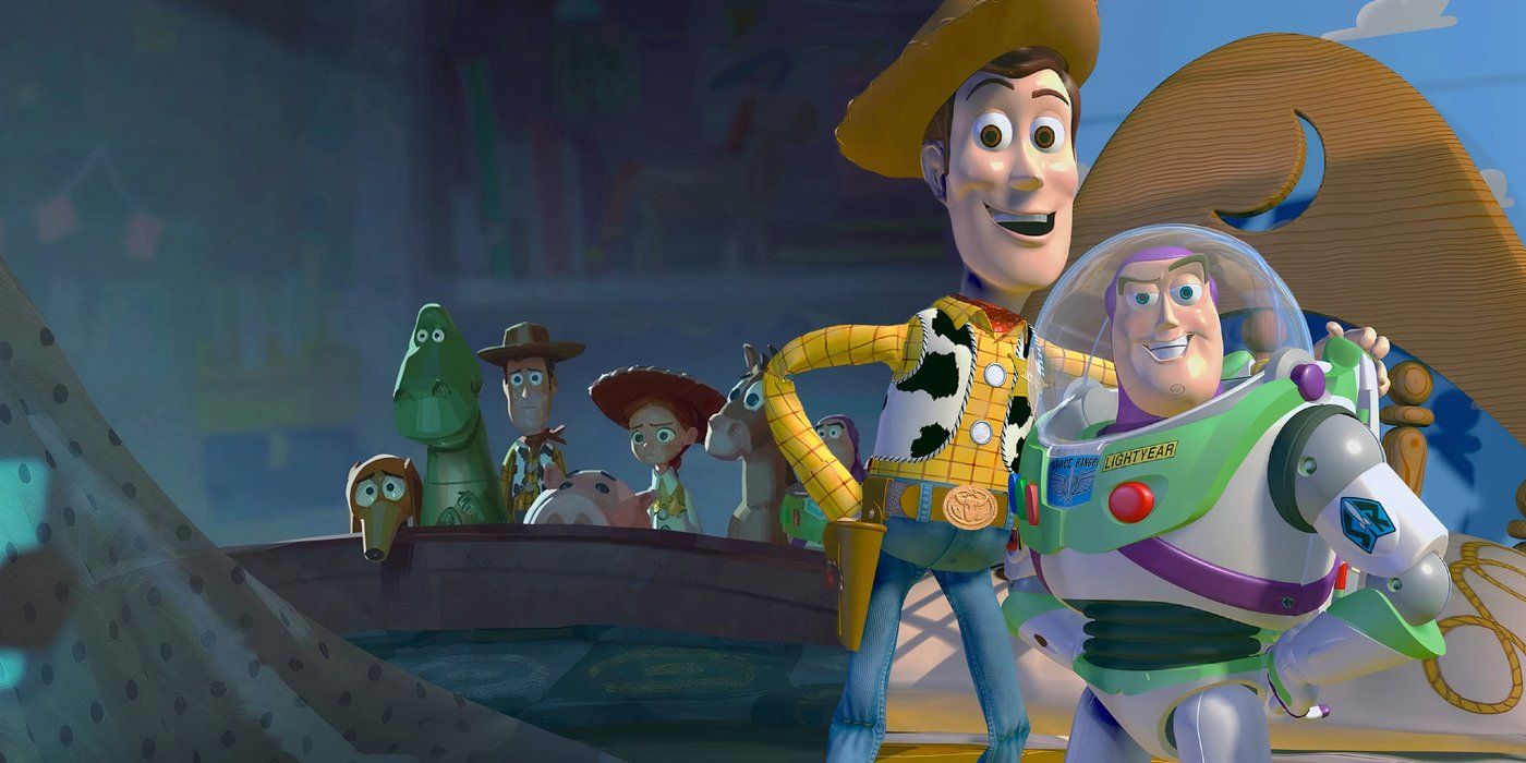 A composite image of Buzz and Woody smiling and hugging in Toy Story, in front of concept art from Toy Story 5