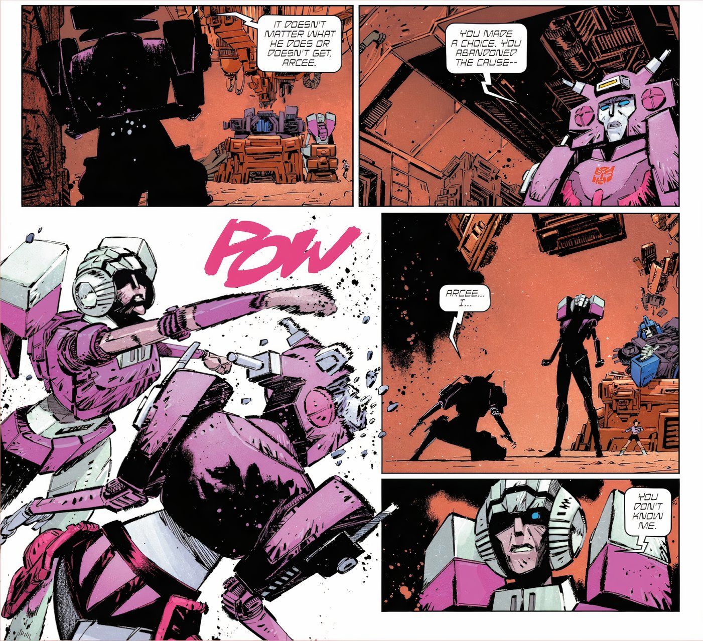 Transformers #11, Arcee dá um soco em Elita-One, dizendo "você não me conhece."